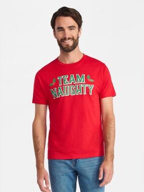 Men’s Holiday Time “Team Naughty” Christmas Graphic Tee, Red, Holiday, Small S